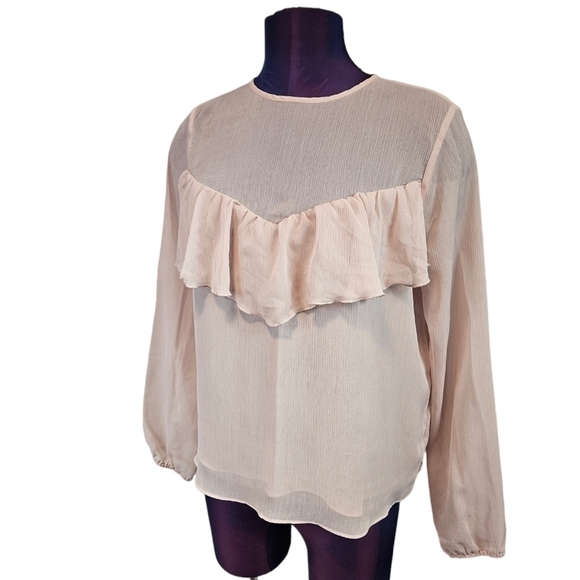 Express Blush Crinkle Semi-Sheer Ruffle Blouse Size Medium Women's Top - Picture 8 of 8